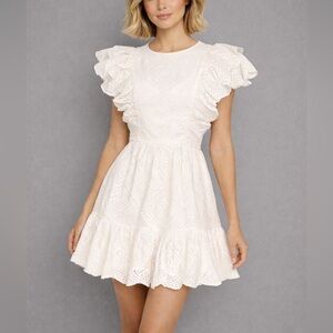 Sea New York White Eyelet Lace Mini Dress Ruffle Sleeves Boho Feminine M